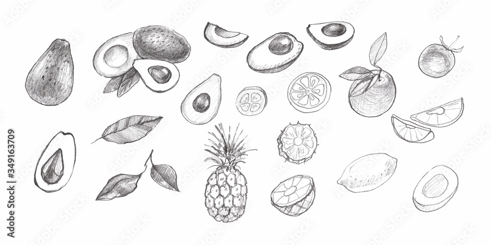 Seamless pattern Hand-drawn illustration. avocado slices. Natural healthy diet. Diet, menu, restaurant. Print, textile, paper