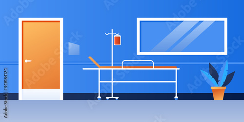 Empty hospital corridor. Health care clinic interior with medical equipment. Intensive therapy ward. No people room banner. Flat vector illustration.