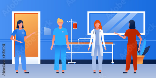Hospital corridor. Health care clinic interior with equipment. Intensive therapy ward. For horizontal banner. Flat vector illustration. Doctors and nurses talking. Medical staff team