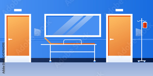 Empty hospital corridor. Health care clinic interior with medical equipment. Intensive therapy ward. No people room banner. Flat vector illustration.