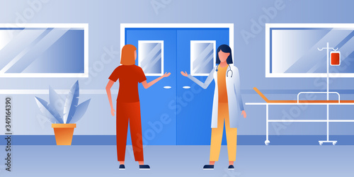 Hospital corridor. Health care clinic interior with equipment. Intensive therapy ward. For horizontal banner. Flat vector illustration. Doctors and nurses talking. Medical staff team