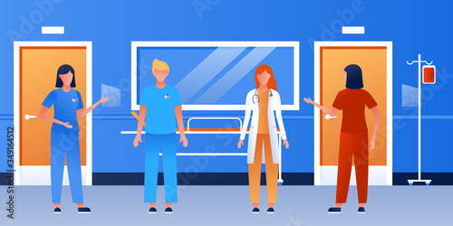 Hospital corridor. Health care clinic interior with equipment. Intensive therapy ward. For horizontal banner. Flat vector illustration. Doctors and nurses talking. Medical staff team