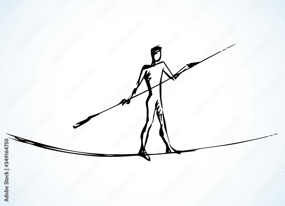 A man is walking on a tightrope. Vector drawing Stock Vector