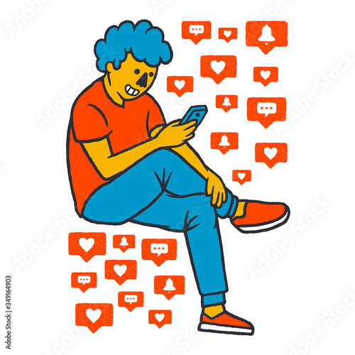 Social Addiction Vector illustration. Man with a Phone in his Hands. Concept social addiction and smartphone addiction on white background isolated. Stock Vector Illustration. Cartoon style. 