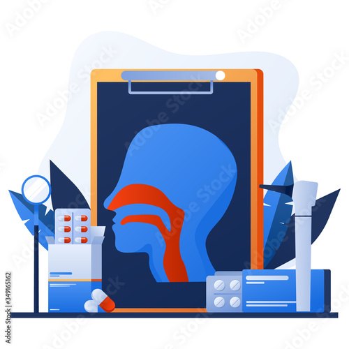 Otolaryngology tools. Ear doctor. Vector illustration. Nasopharynx and sinuses. Deaf awareness. Medical check up patient ear, nose and throat. Ear specula, otoscope, reflector, pharmacy banner.