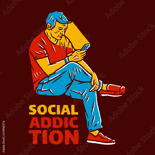 Social Addiction Vector illustration. Man with a Phone in his Hands. Concept social addiction and smartphone addiction on black background isolated. Stock Vector Illustration. Hand Drawn Style. 