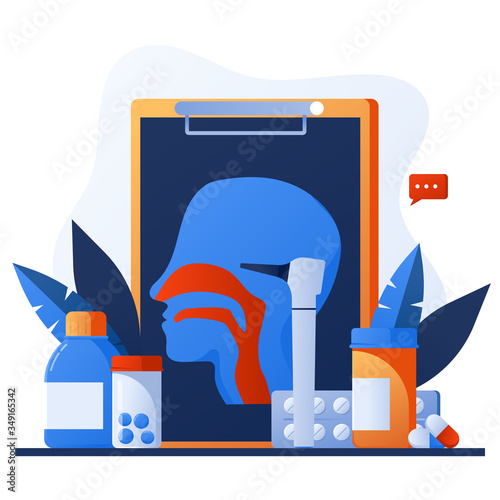 Otolaryngology tools. Ear doctor. Vector illustration. Nasopharynx and sinuses. Deaf awareness. Medical check up patient ear, nose and throat. Ear specula, otoscope, reflector, pharmacy banner.