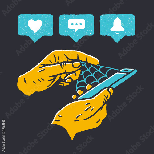 Social Addiction Vector illustration. Men or women use smartphone to communicate. Concept social addiction and smartphone addiction on black background isolated. Stock Vector Illustration. Hand Drawn.