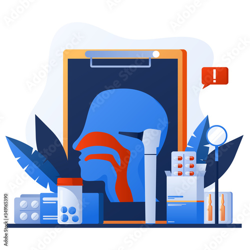 Otolaryngology tools. Ear doctor. Vector illustration. Nasopharynx and sinuses. Deaf awareness. Medical check up patient ear, nose and throat. Ear specula, otoscope, reflector, pharmacy banner.