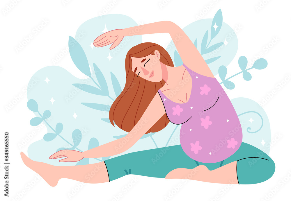 Pregnant woman relax doing yoga.Happy and healthy pregnancy concept  .Sitting in lotus position.Flat cartoon vector illustration. Stock Vector
