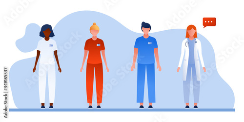 Set of male and feamle doctor and nurse talking. Medical staff team in uniform. Flat vector illustration. Healthcare, telemedicine. Students, interns. Therapist, surgeon, infection disease physician