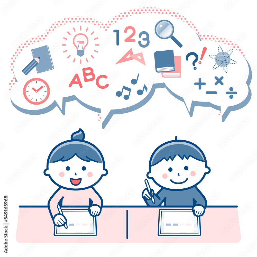 Children studying using tablet devices / Two colors Children studying using tablet devices / Two colors
