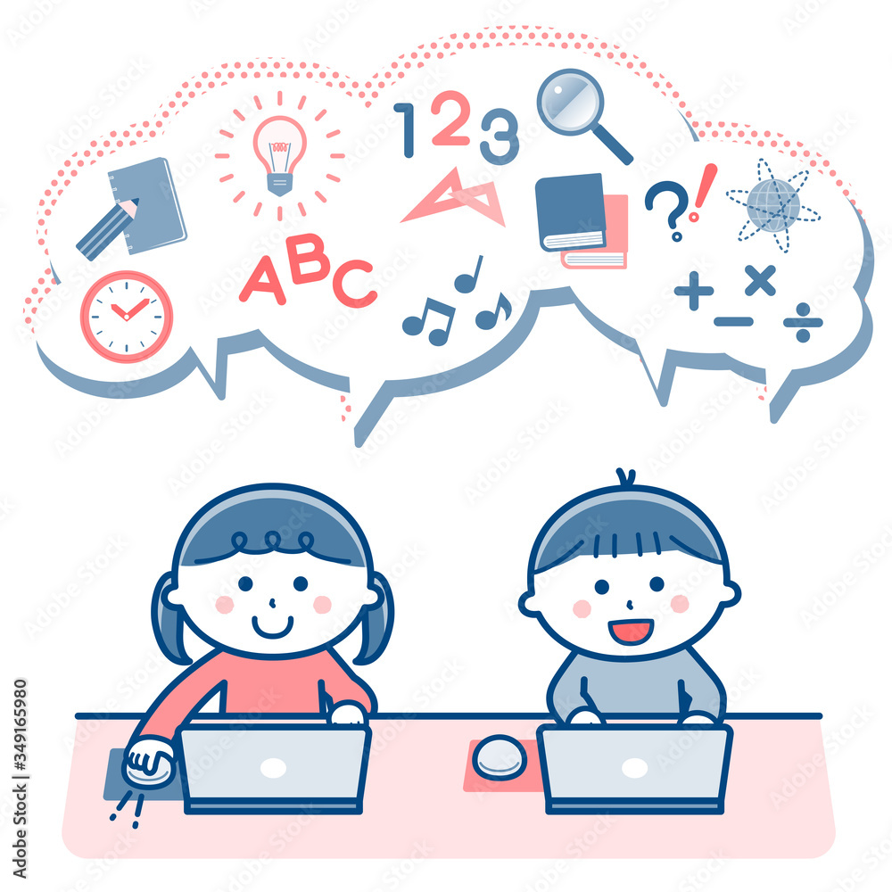 Children studying using a computer/ Two colors Children studying using a computer/ Two colors