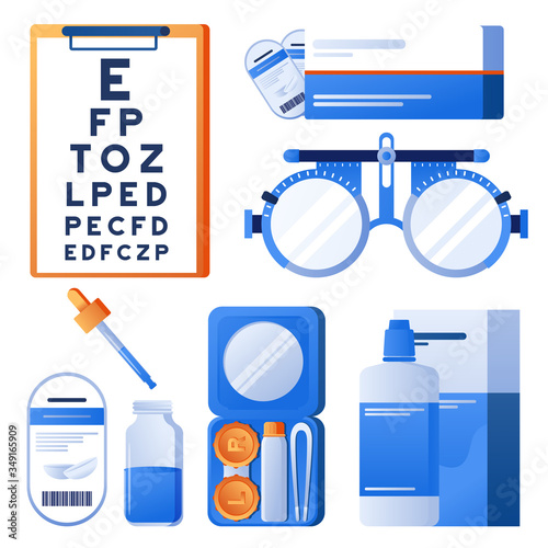 Optical eyes test. Medicine, optical eyesight examination. Ophthalmology medical concept with glasses, eye examination chart, eye drop. Contact lens with case solution. Accessory for correct vision