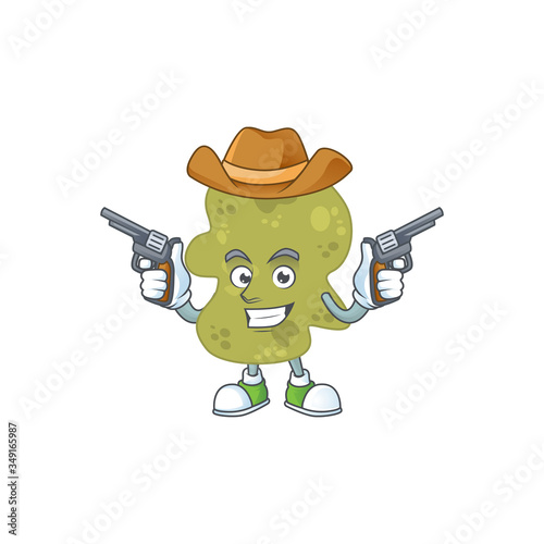 A masculine cowboy cartoon drawing of verrucomicrobia holding guns
