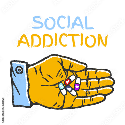 Symbols of Social Addiction. Pills with Social Network signs in hand. Capsules Hand Drawn on white background isolated. Stock Vector Illustration. Cartoon style. 