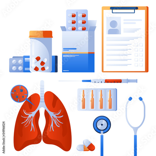 Pulmonology of human lung. For website, banner. Fibrosis, tuberculosis, pneumonia, cancer, virus, lung diagnosis doctors treat, scan lungs. Stethoscope, pharmacy, drugs. Coronavirus, COVID-19.