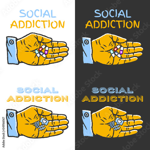 Symbols of Social Addiction Set. Pills with Social Network signs in hand Set. Capsules Hand Drawn Set on white and black background isolated. Stock Vector Illustration. Cartoon style. 