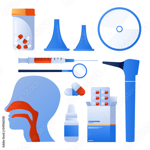 Otolaryngology tools. Ear doctor. Vector illustration. Nasopharynx and sinuses. Deaf awareness. Medical check up patient ear, nose and throat. Ear specula, otoscope, reflector, pharmacy banner.