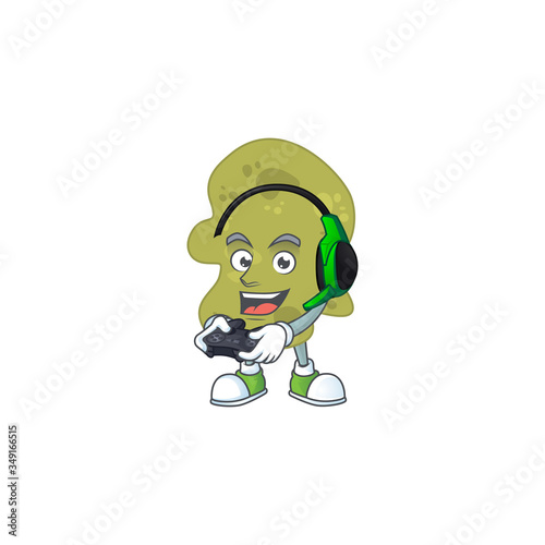 A cartoon design of verrucomicrobia clever gamer play wearing headphone photo