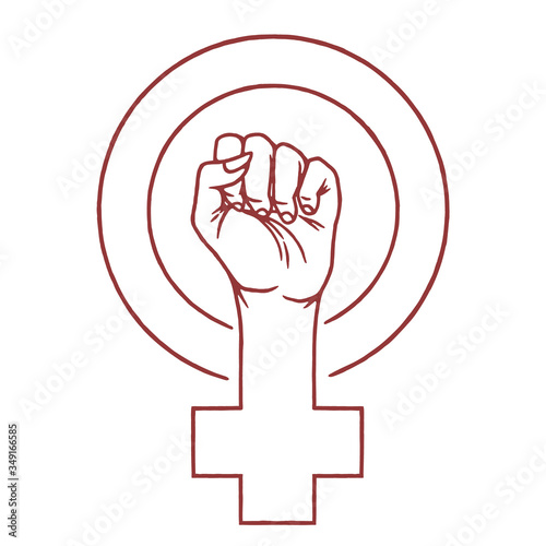 Outline Symbol of Feminism Movement. Woman Hand with her fist raised up. Girl Power Sign on white background isolated. Stock Vector Illustration.