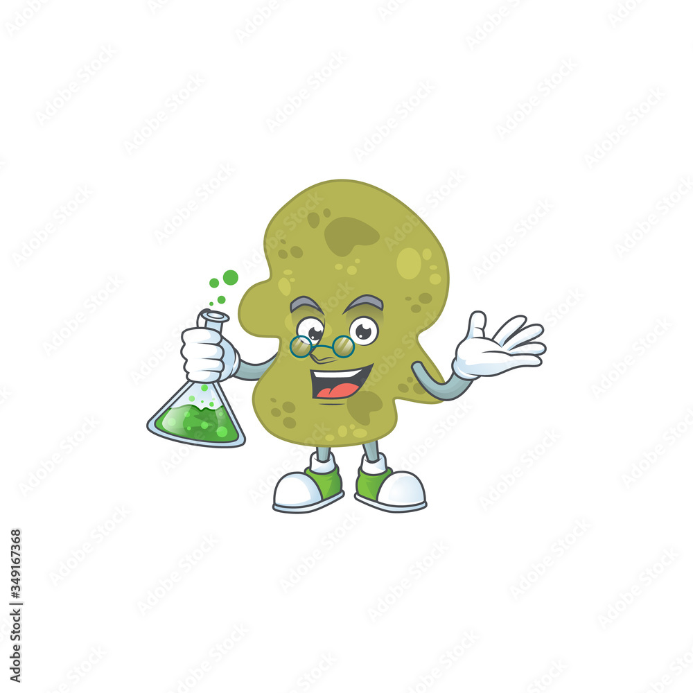 Obraz premium Verrucomicrobia smart Professor Cartoon character holding glass tube on the lab