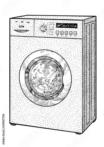 Washing machine illustration, drawing, engraving, ink, line art, vector