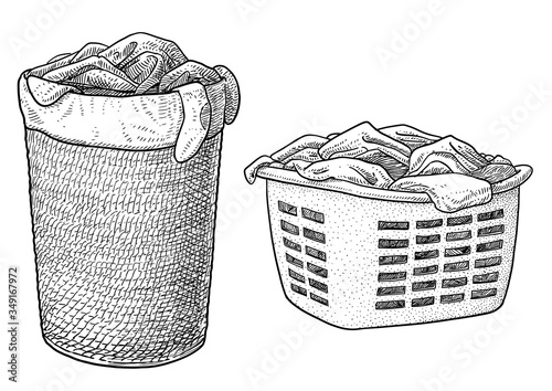 Laundry basket illustration, drawing, engraving, ink, line art, vector