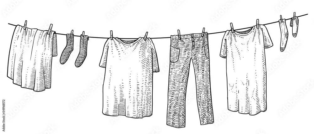 Hanging clothes illustration, drawing, engraving, ink, line art, vector - obrazy, fototapety, plakaty 