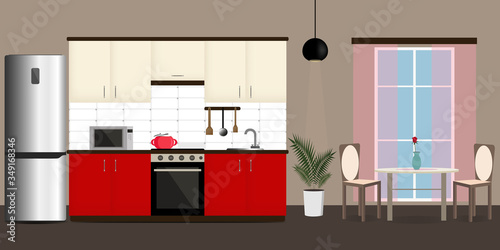 Kitchen interior. Kitchen furniture, appliances and dining area with table and chairs. Interior design of a cozy kitchen and dining room