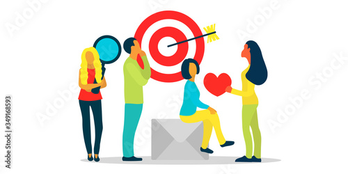 smm successful team. group of people with symbols social media marketing. Customer attraction and promotion network concept. Male and female characters for web. Cute vector illustration in flat style.