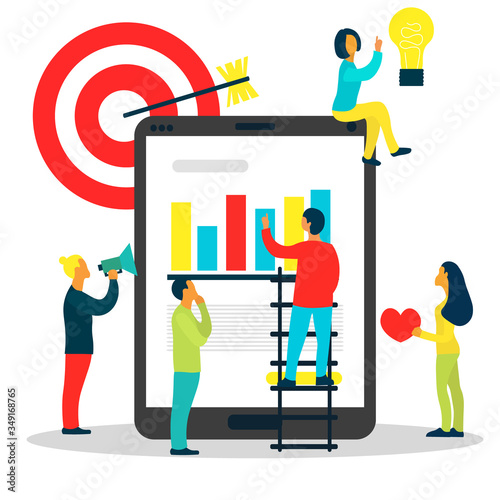 smm successful team. group of people with symbols social media marketing. Customer attraction and promotion network concept. Male and female characters for web. Cute vector illustration in flat style.
