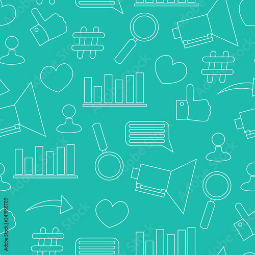 smm seamless pattern. Sign and icon for social media marketing on multi-colored square. News feed in online network. Cute illustration in flat style.