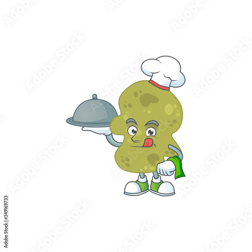 A verrucomicrobia chef cartoon mascot design with hat and tray © kongvector
