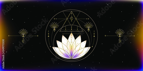 Vector illustration of the beautiful white lotus and the sacred geometry symbol on the black starry background