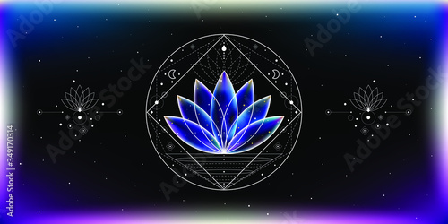 Vector illustration of the beautiful blue cosmic lotus and the sacred geometry symbols on the starry colorful background