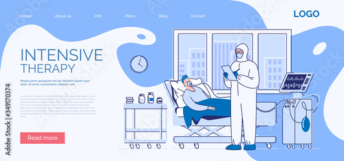 Intensive care of a seriously ill patient. A sick man lies in a medical bed on artificial lung ventilation. Vector. Illustration. Flat style.
