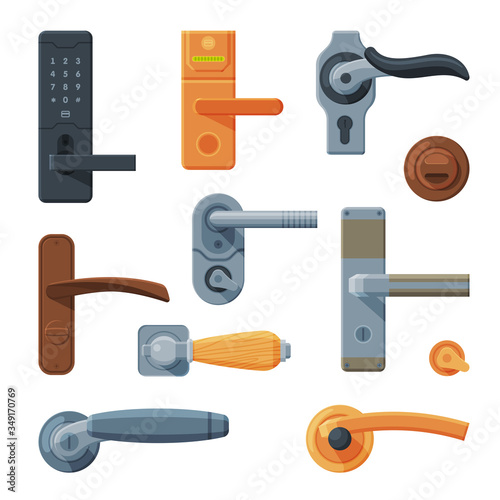 Classic and Modern Digital Door Handles and Locks Collection, House or Apartment Interior Design Elements Vector Illustration