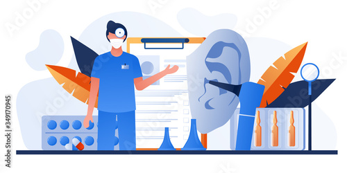 Otolaryngology tools. Ear doctor. Vector illustration. Medical office equipment. Deaf awareness. Medical check up patient ear. Doctor in face mask use otoscope, reflector, pharmacy banner, flyer