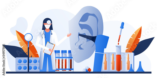 Otolaryngology tools. Ear doctor. Vector illustration. Medical office equipment. Deaf awareness. Medical check up patient ear. Doctor in face mask use otoscope, reflector, pharmacy banner, flyer