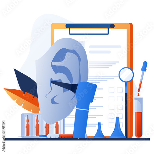 Otolaryngology tools. Ear doctor. Vector illustration. Medical office equipment. Deaf awareness. Medical check up patient ear. Doctor in face mask use otoscope, reflector, pharmacy banner, flyer