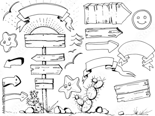 
Set, collection, with arrows, pointers. Graphic hand-drawn illustration. Western style, cacti, sun, stars. Print, textile, sketch, doodle.