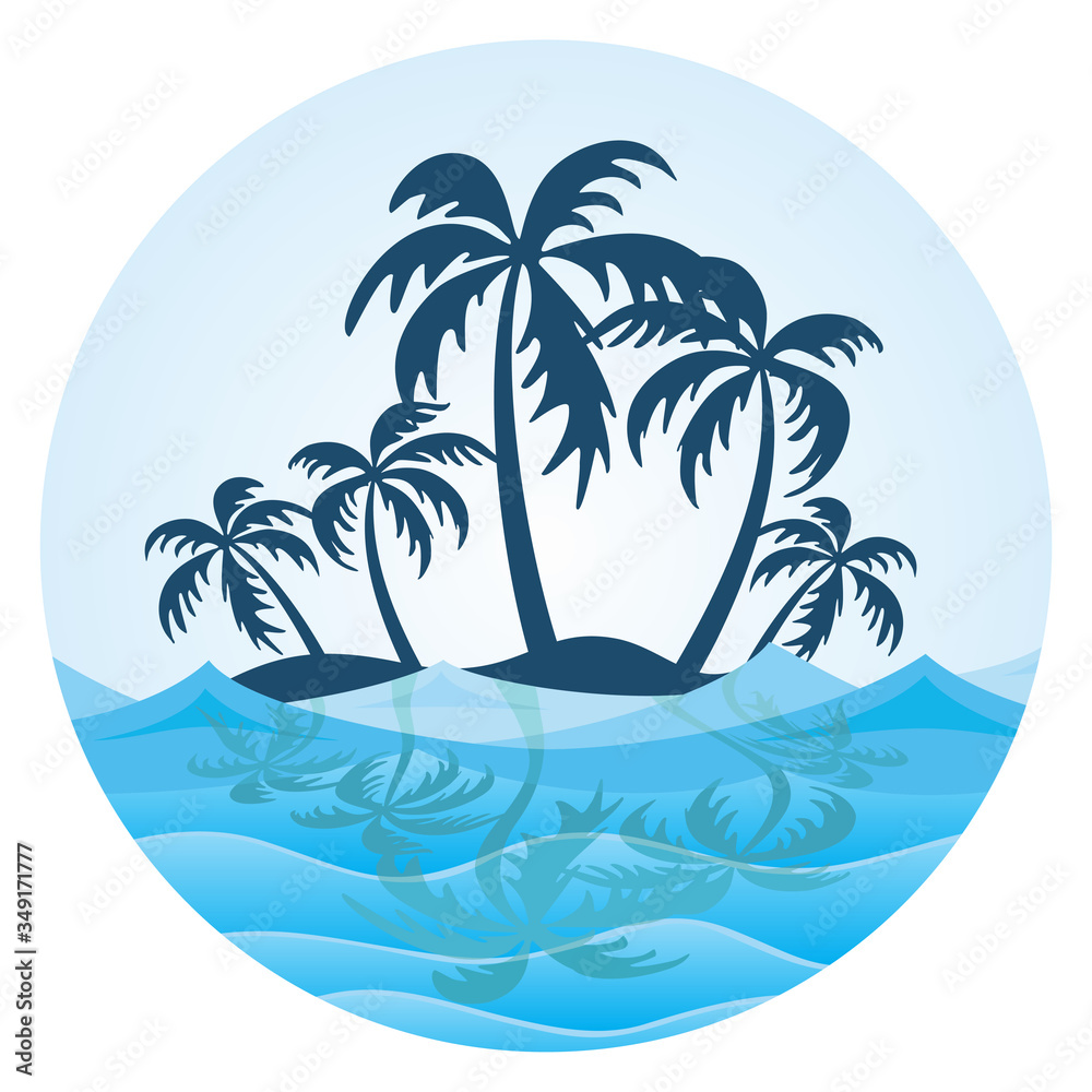 The symbol of tropical island with palm trees and sea.