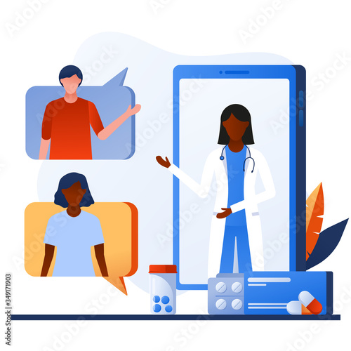 Doctor on smartphone screen talking with patient via mobile phone. Mobile web app for online consultation with therapist. Aids, tele medicine infographic. Online pharmacy order from drugstore.