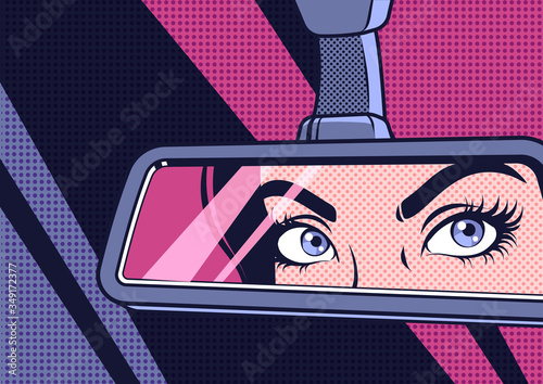 Woman looks in the rear view mirror. Pop art vector illustration.
