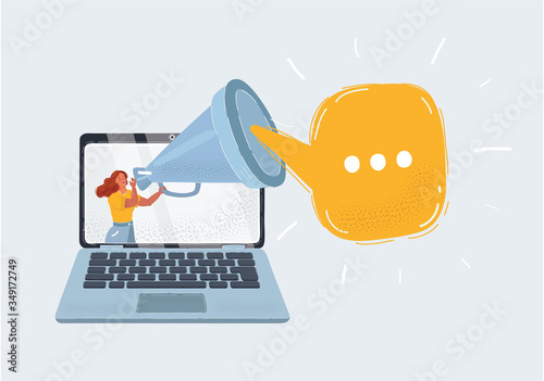 Vector illustration of blogger screaming loudly in a big megaphone on screen of laptop