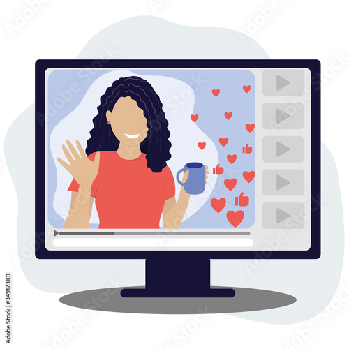 Woman Blogger Communication with Followers and Subscribers Trendy Flat Vector Illustration.