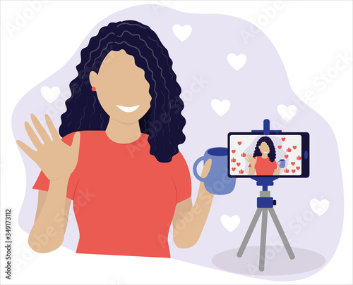 Woman Blogger Communication with Followers and Subscribers Trendy Flat Vector Illustration.