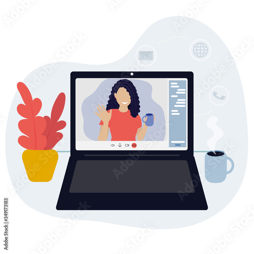 Video conference. Laptop with a girl. Video conferencing and online communication vector concept.