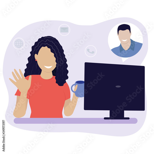 Video conference. The girl communicates with the guy. Video conferencing and online communication vector concept. 